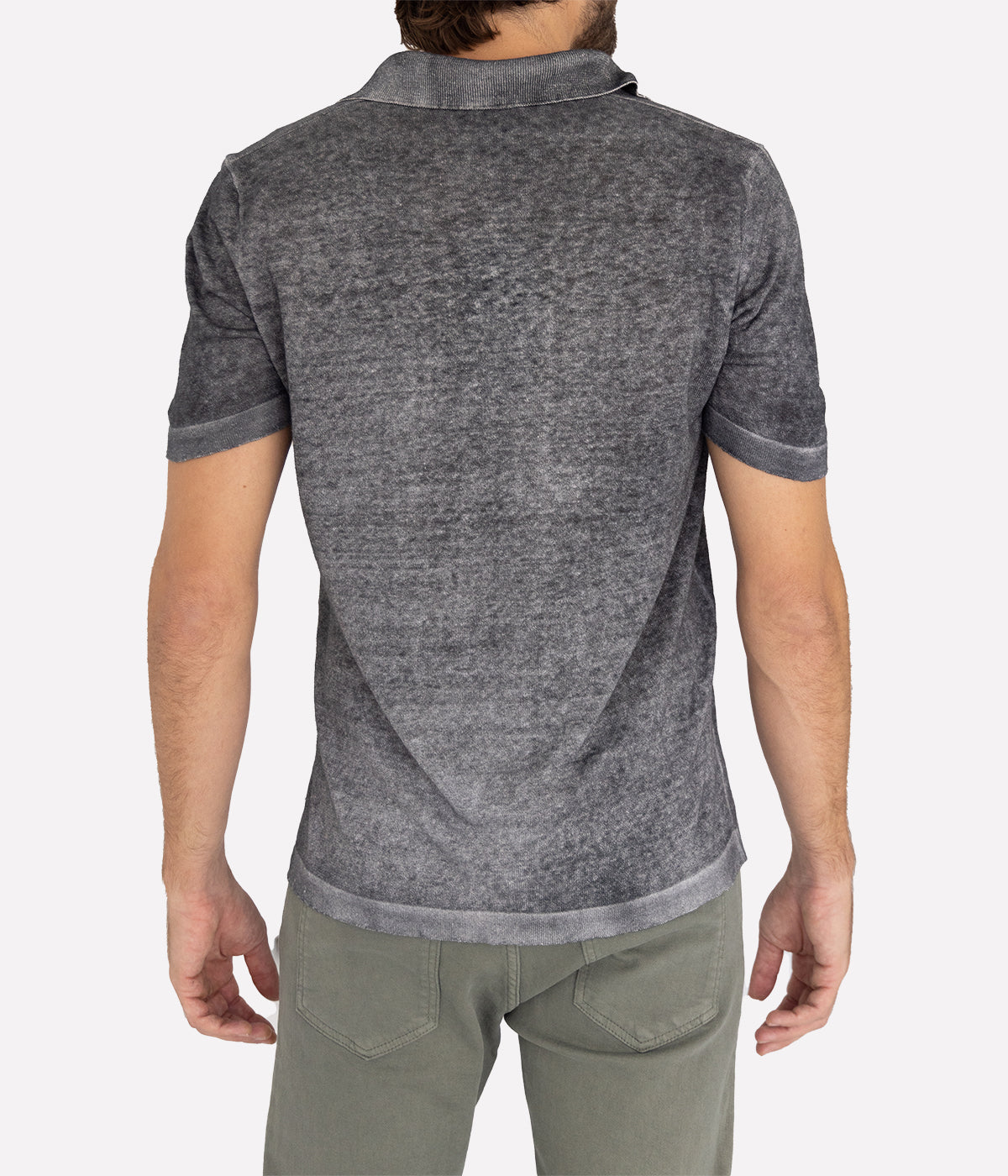 Hand-dyed lightweight knit polo in linen-viscose blend, ideal for casual and evening wear, crafted in Italy