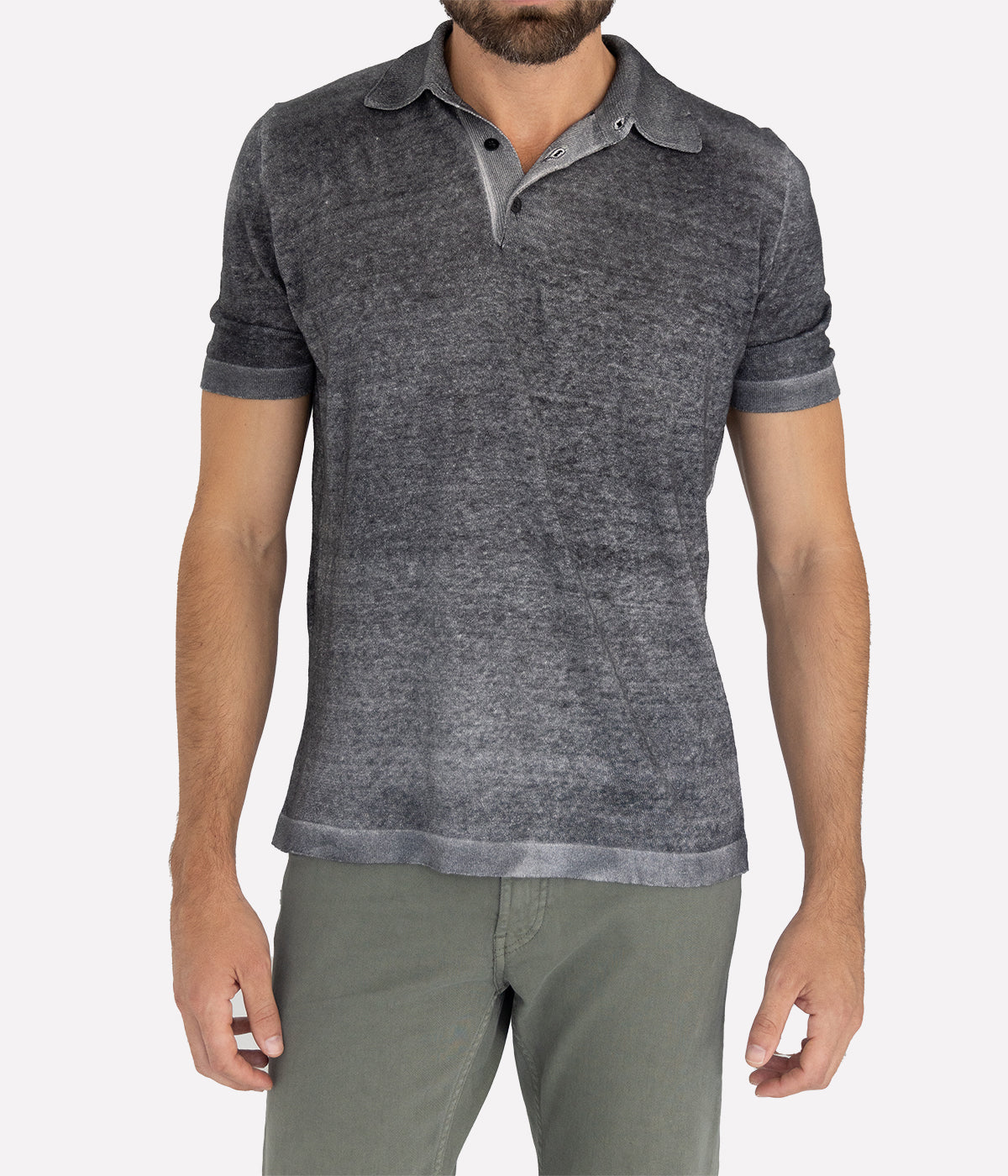 Hand-dyed lightweight knit polo in linen-viscose blend, ideal for casual and evening wear, crafted in Italy