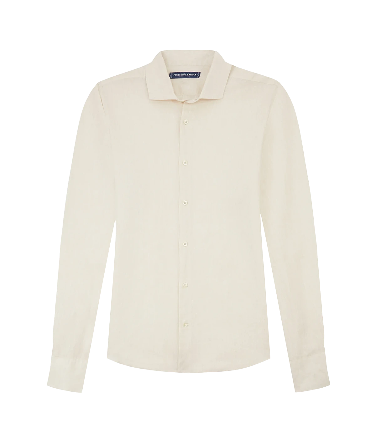 Ghost shot of the Antonio Long Sleeve Linen Shirt by Frescobol Carioca, floating to emphasize its structured dress collar with stiffeners, imitation mother of pearl buttons, and full placket. The lightweight Italian linen construction ensures breathable comfort and elevated style for versatile occasion dressing.