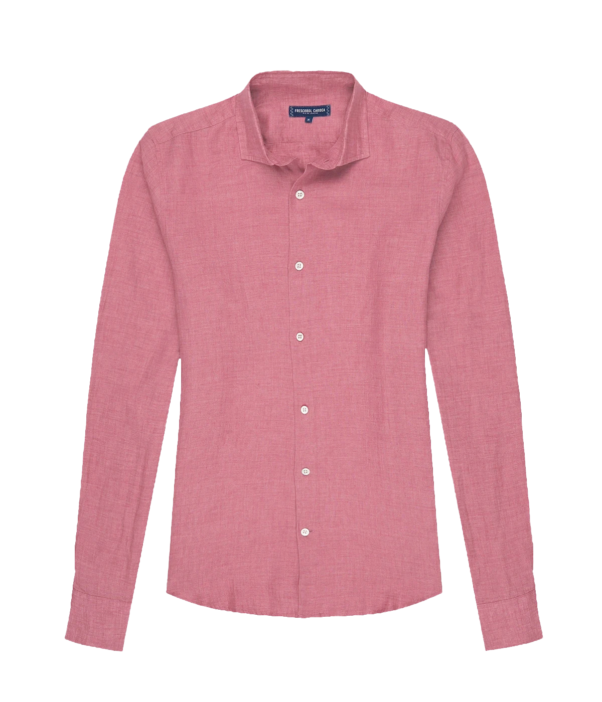 Ghost shot of the Antonio Long Sleeve Linen Shirt by Frescobol Carioca, floating to emphasize its structured dress collar with stiffeners, imitation mother of pearl buttons, and full placket. The lightweight Italian linen construction ensures breathable comfort and elevated style for versatile occasion dressing.
