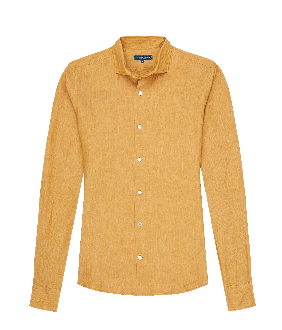 Ghost shot of the Antonio Long Sleeve Linen Shirt by Frescobol Carioca, floating to emphasize its structured dress collar with stiffeners, imitation mother of pearl buttons, and full placket. The lightweight Italian linen construction ensures breathable comfort and elevated style for versatile occasion dressing.
