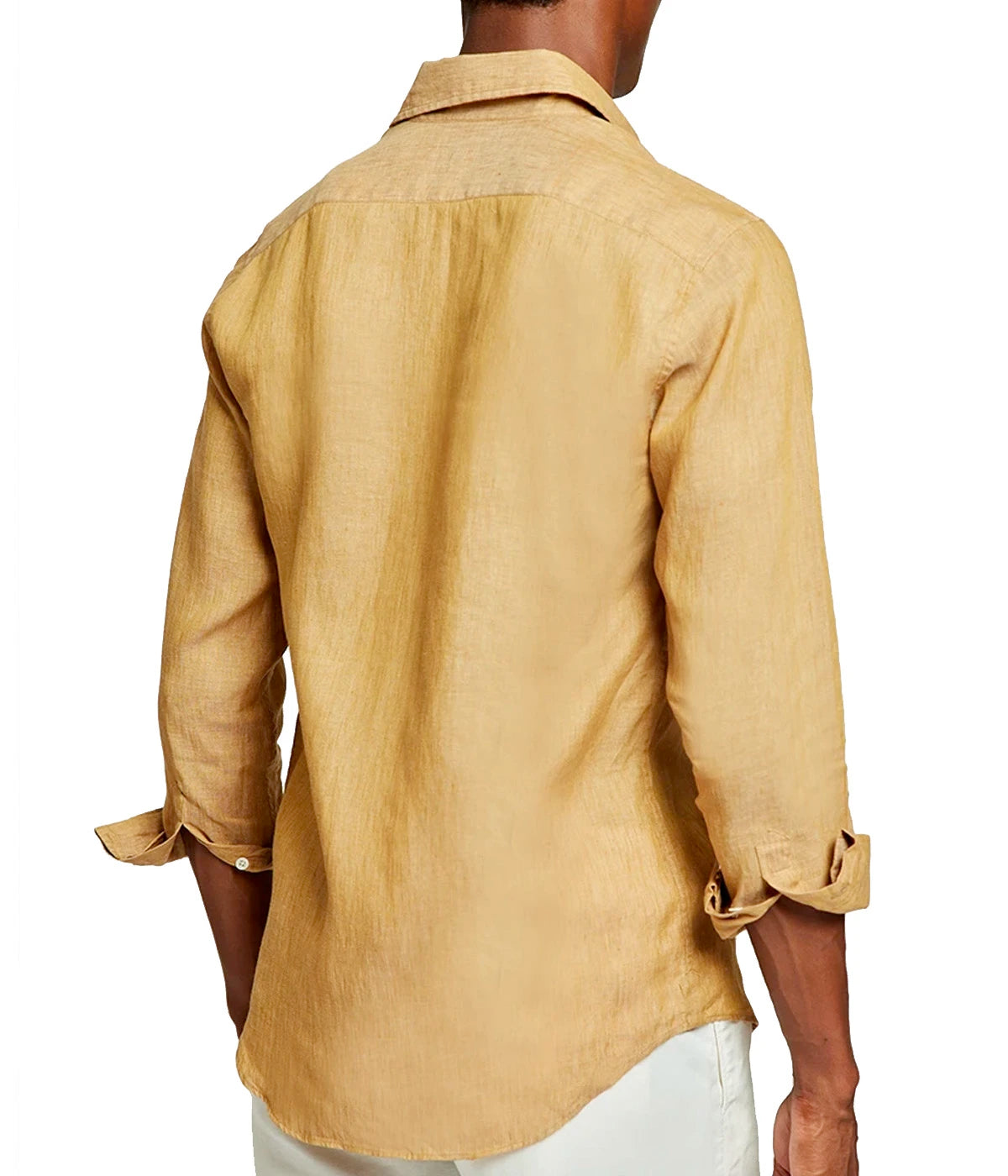 Back view of the Antonio Long Sleeve Linen Shirt by Frescobol Carioca, highlighting the lightweight, breathable fine Italian linen fabric. This classic men's linen shirt combines relaxed tailoring and timeless sophistication, ideal for polished, effortless dressing.