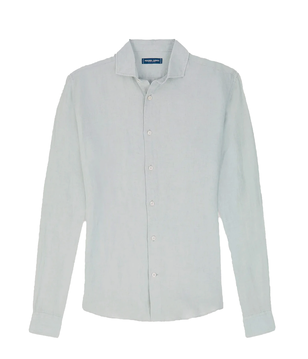Ghost shot of the Antonio Long Sleeve Linen Shirt by Frescobol Carioca, floating to emphasize its structured dress collar with stiffeners, imitation mother of pearl buttons, and full placket. The lightweight Italian linen construction ensures breathable comfort and elevated style for versatile occasion dressing.