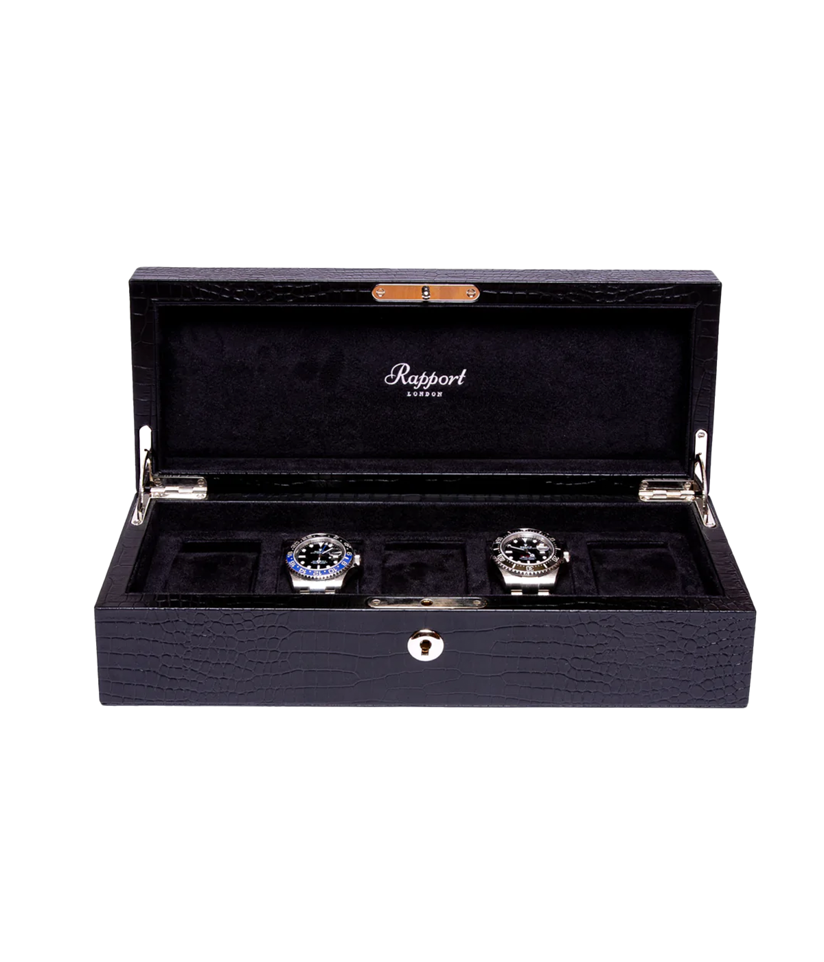 The Brompton 5-piece watch box in black crocodile-effect leather, featuring a luxurious suede interior. The box is finished with gold fitments, a lock, and key, exuding refined elegance.