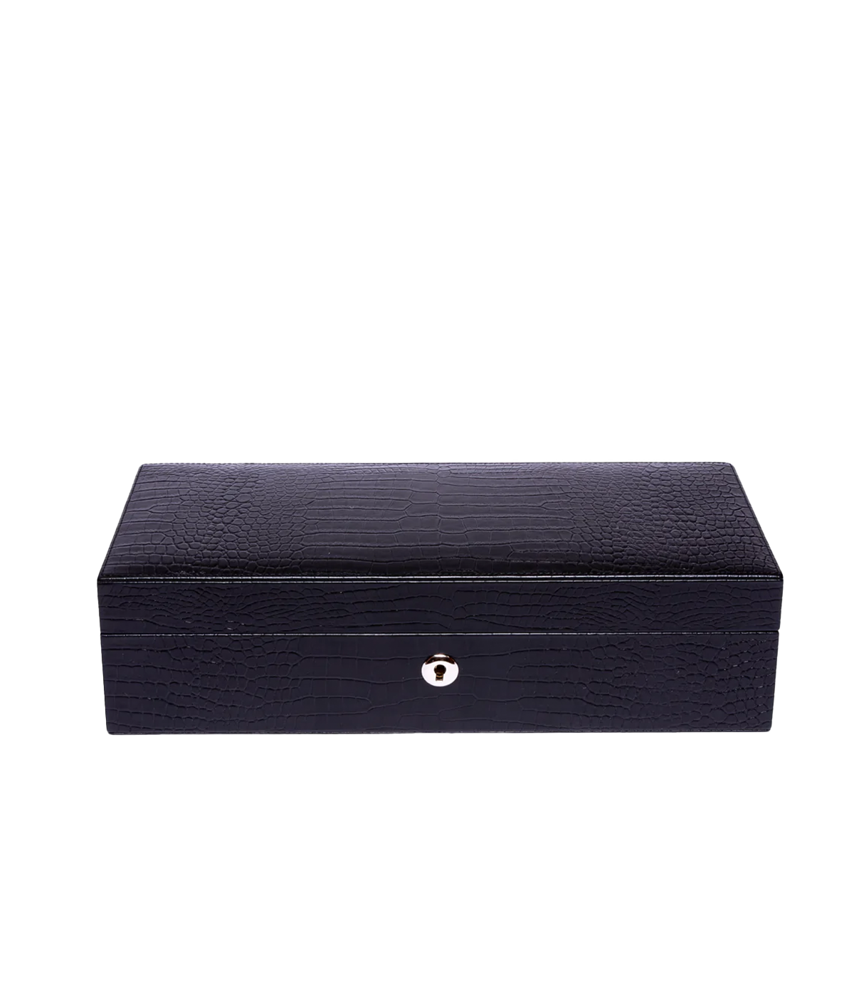 The Brompton 5-piece watch box in black crocodile-effect leather, featuring a luxurious suede interior. The box is finished with gold fitments, a lock, and key for added elegance.