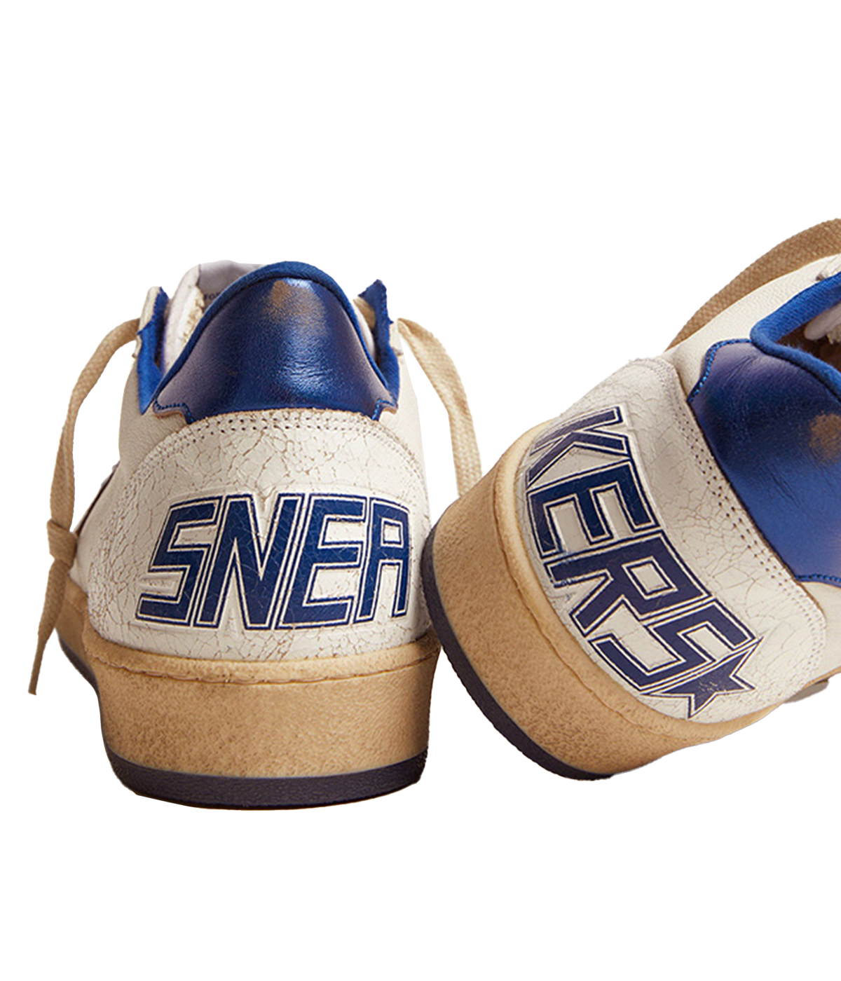 Golden Goose Ball Star sneakers channel an '80s American college and basketball vibe. Crafted in white nappa leather, they feature a metallic navy leather star and heel tab, along with white crackle-leather inserts. The sneakers are completed with white laces, giving them a vintage-inspired look with modern appeal.