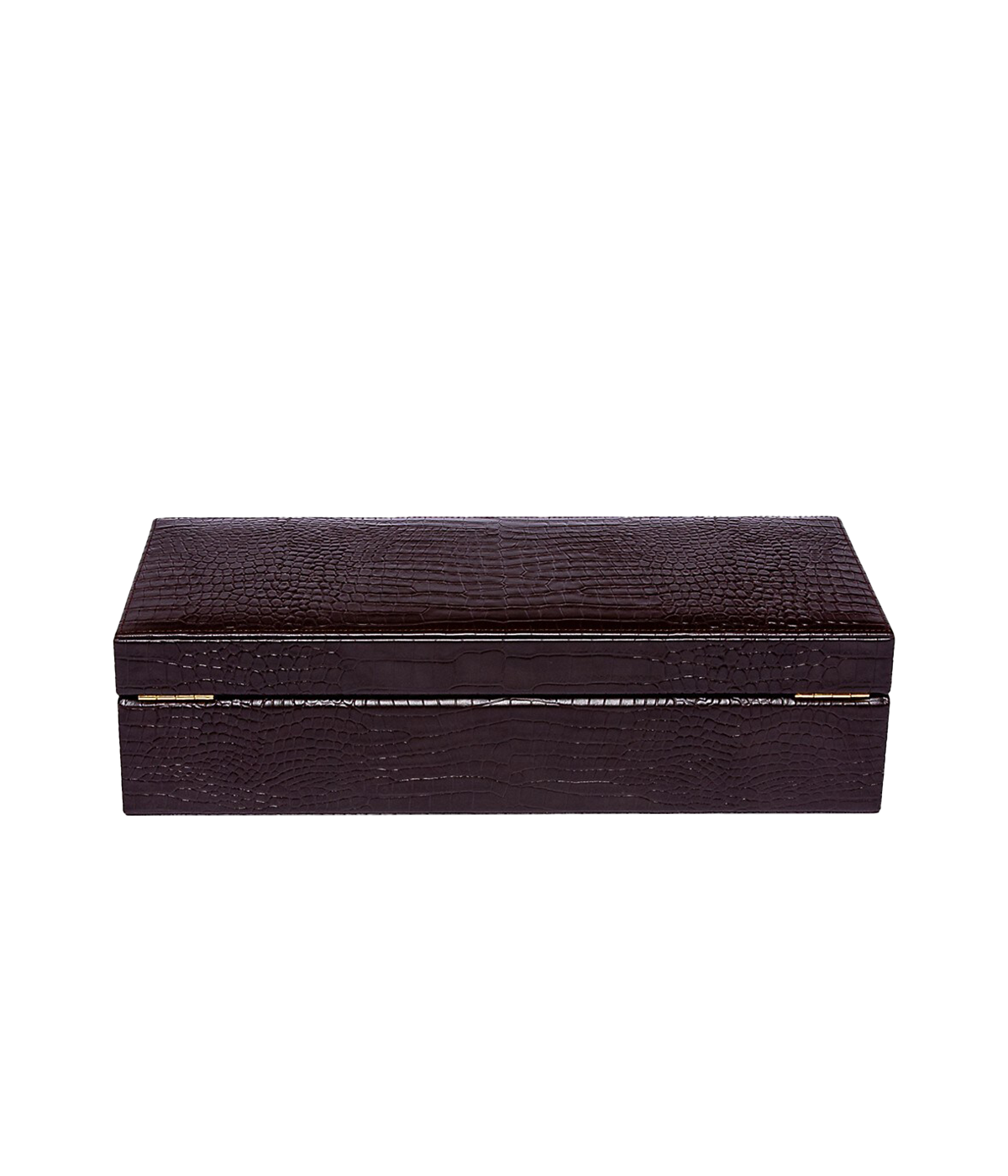 The Brompton 5-piece watch box in chocolate brown crocodile-effect leather, featuring a luxurious suede interior. The box is finished with gold fitments, a lock, and key for added elegance.