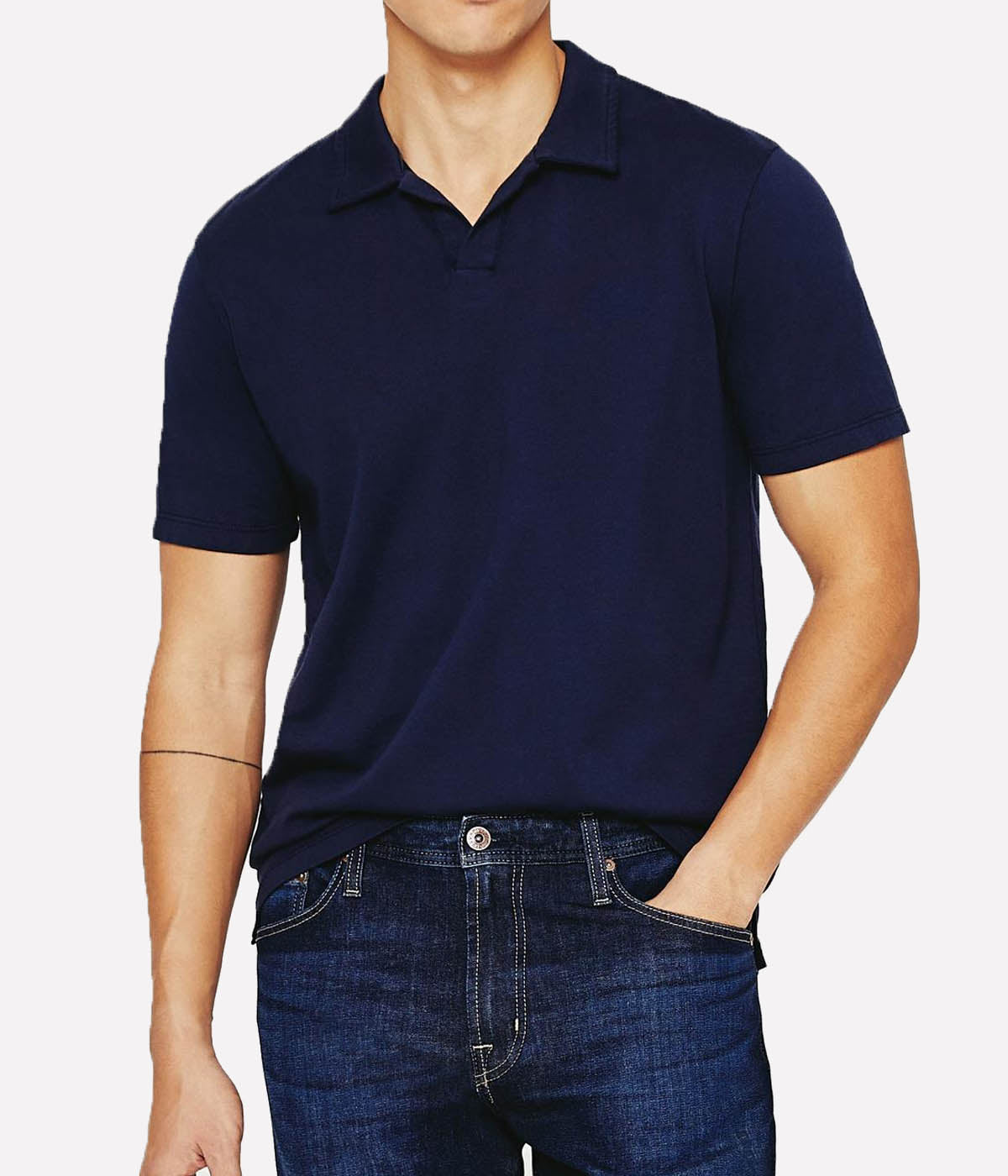 The Bryce Johnny Collar polo shirt, featuring a relaxed neckline with a pointed collar and short sleeves, crafted from lightweight cotton jersey.