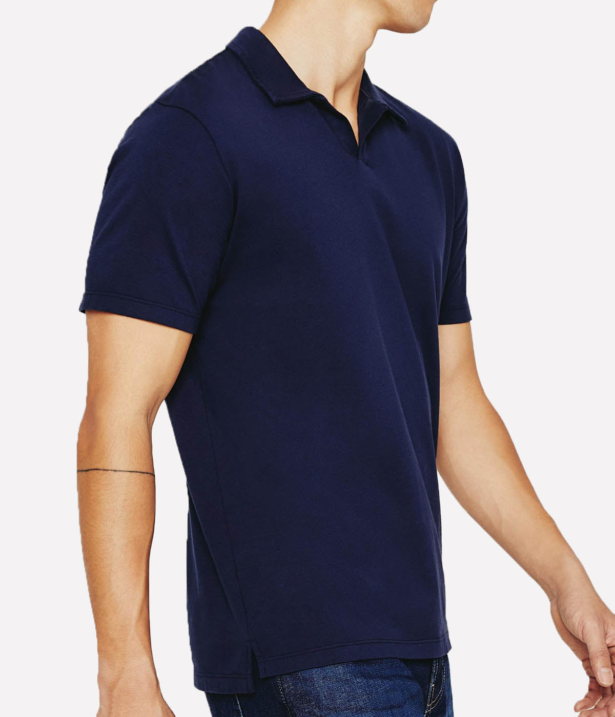 Side profile of the Bryce Johnny Collar polo shirt, showcasing the relaxed fit and smooth finish of the lightweight cotton jersey.