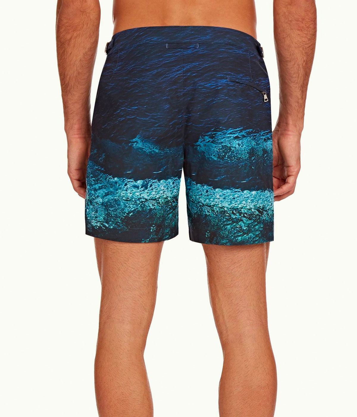 Back view of Orlebar Brown Deep Sea Print Swim Shorts with rear darts for a flattering shape, highlighting the exclusive ‘Deep Sea’ photographic print.
