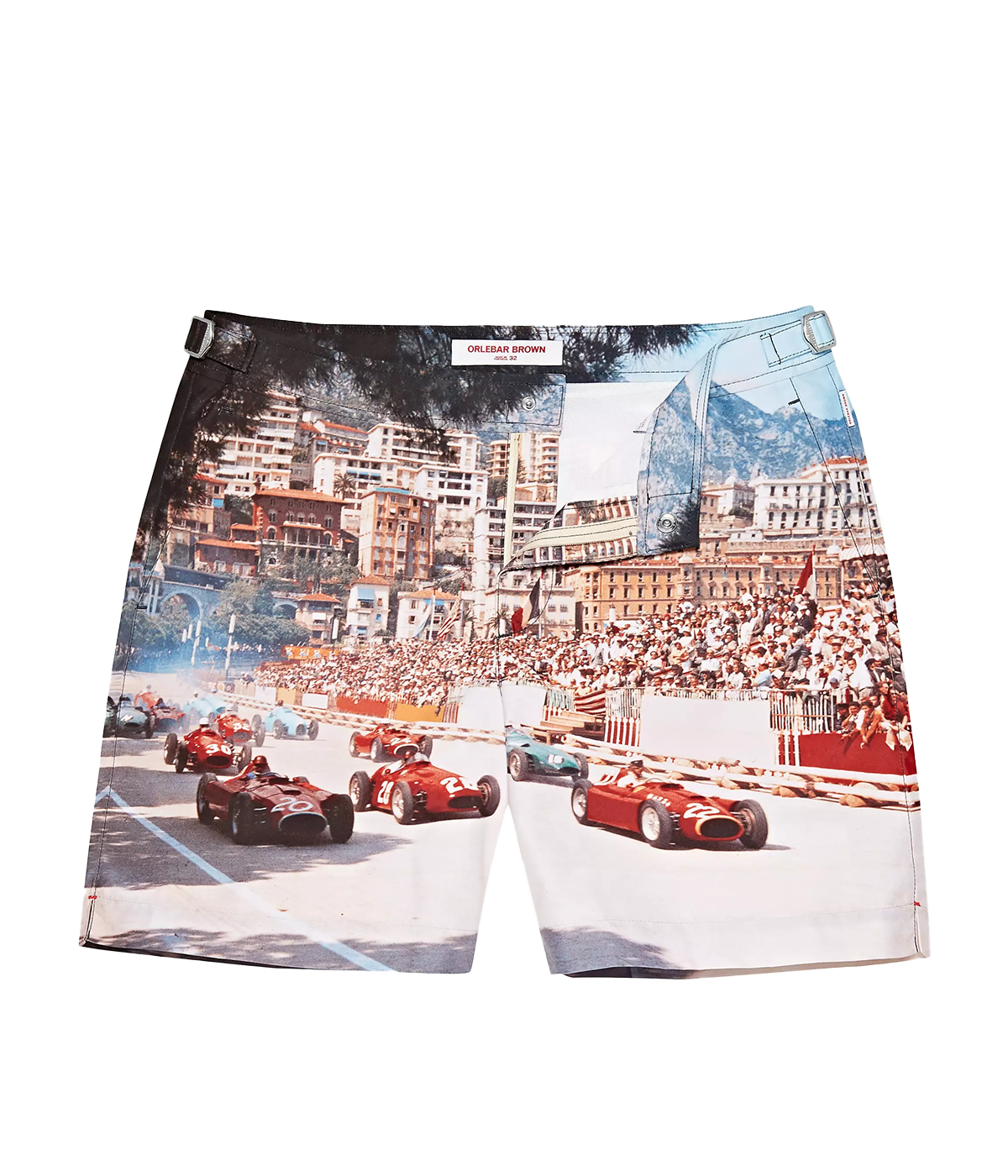 Orlebar Brown Classic Mid-Length Swim Shorts featuring a Formula 1 print of race cars at the start of the 1956 Grand Prix de Monaco, capturing the excitement of the iconic race.