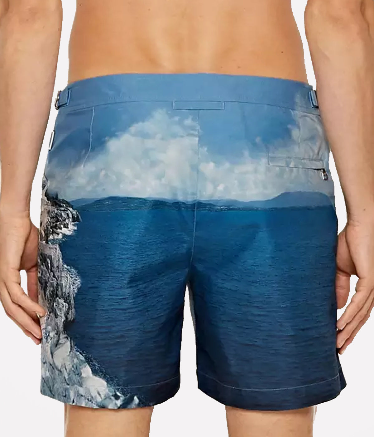 Back view of the Orlebar Brown Bulldog Swim Shorts in Roc Pool II print, highlighting the signature tailored fit and adjustable side fasteners for a custom, comfortable fit.