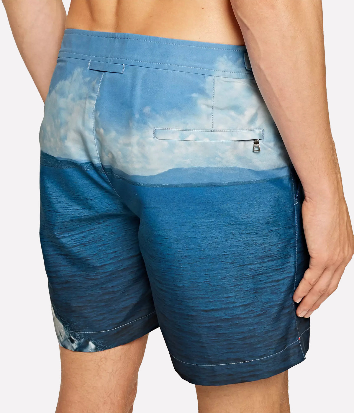 Back view of the Orlebar Brown Bulldog Swim Shorts in Roc Pool II print, highlighting the signature tailored fit and adjustable side fasteners for a custom, comfortable fit.