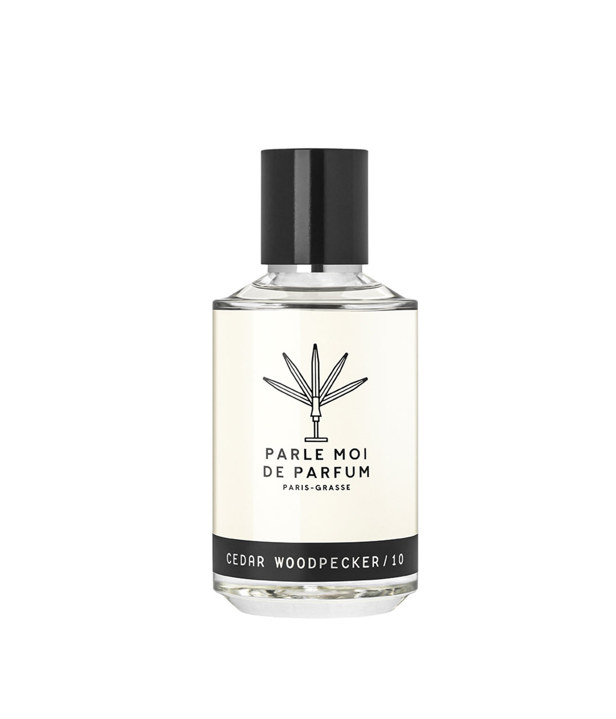A sleek glass bottle of Parle Moi Cedar Woodpecker fragrance, featuring a minimalist black-and-white label and black cap.