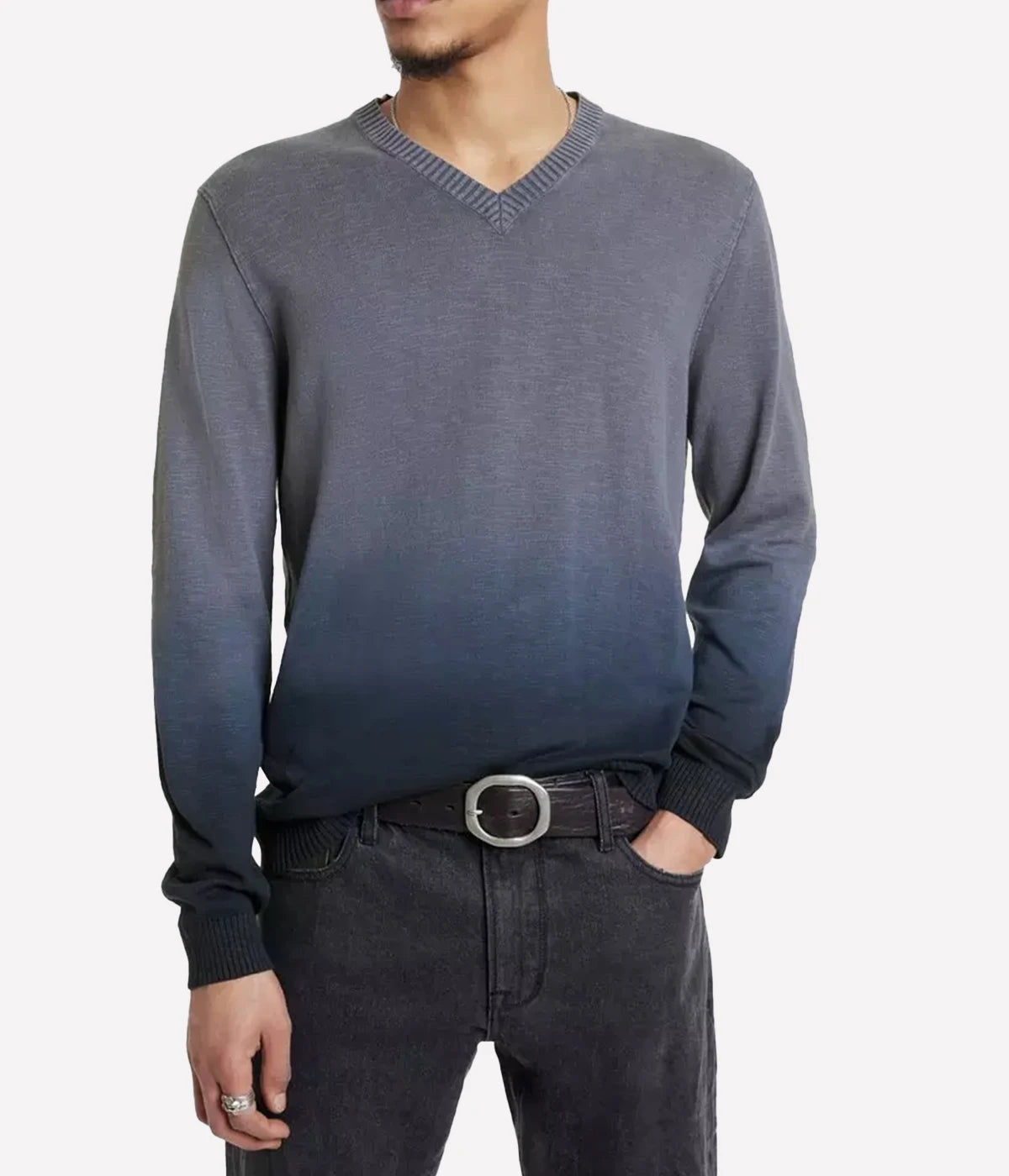 Kane Long Sleeve Slub Cotton V Neck Sweater in Purple Haze