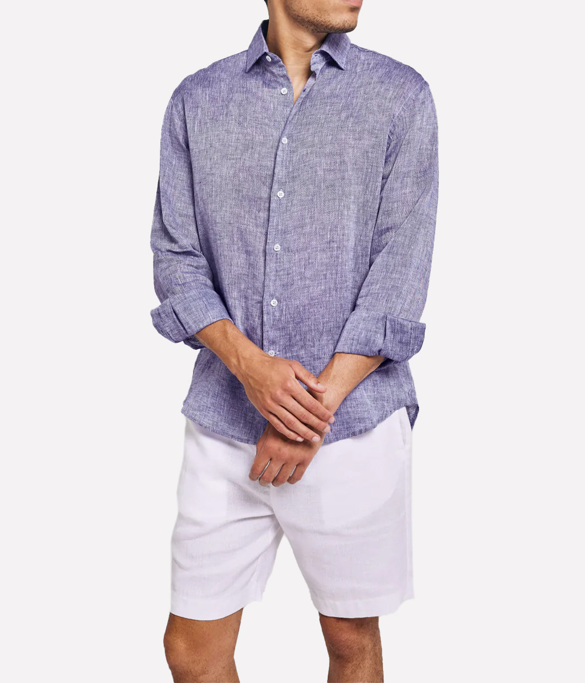 Linen Shirt Regular Long Sleeve Block in Melange Blue
