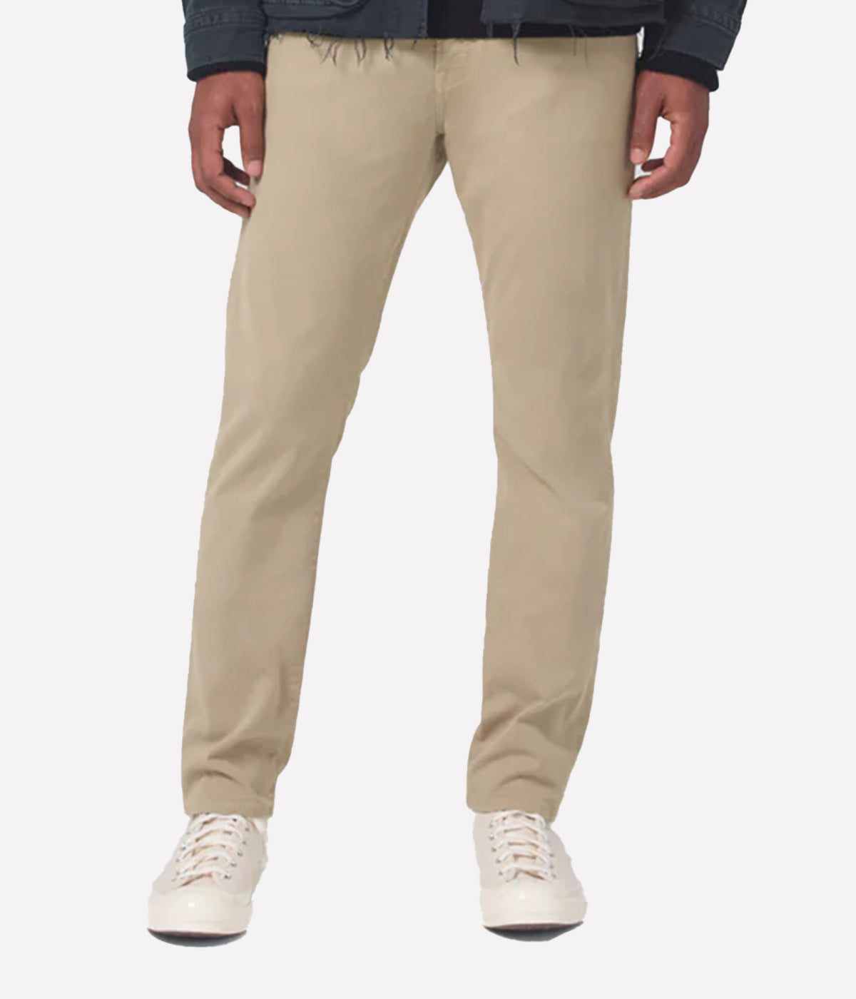 Front view of the London Slim Taper jeans, highlighting their modern silhouette and classic khaki wash.