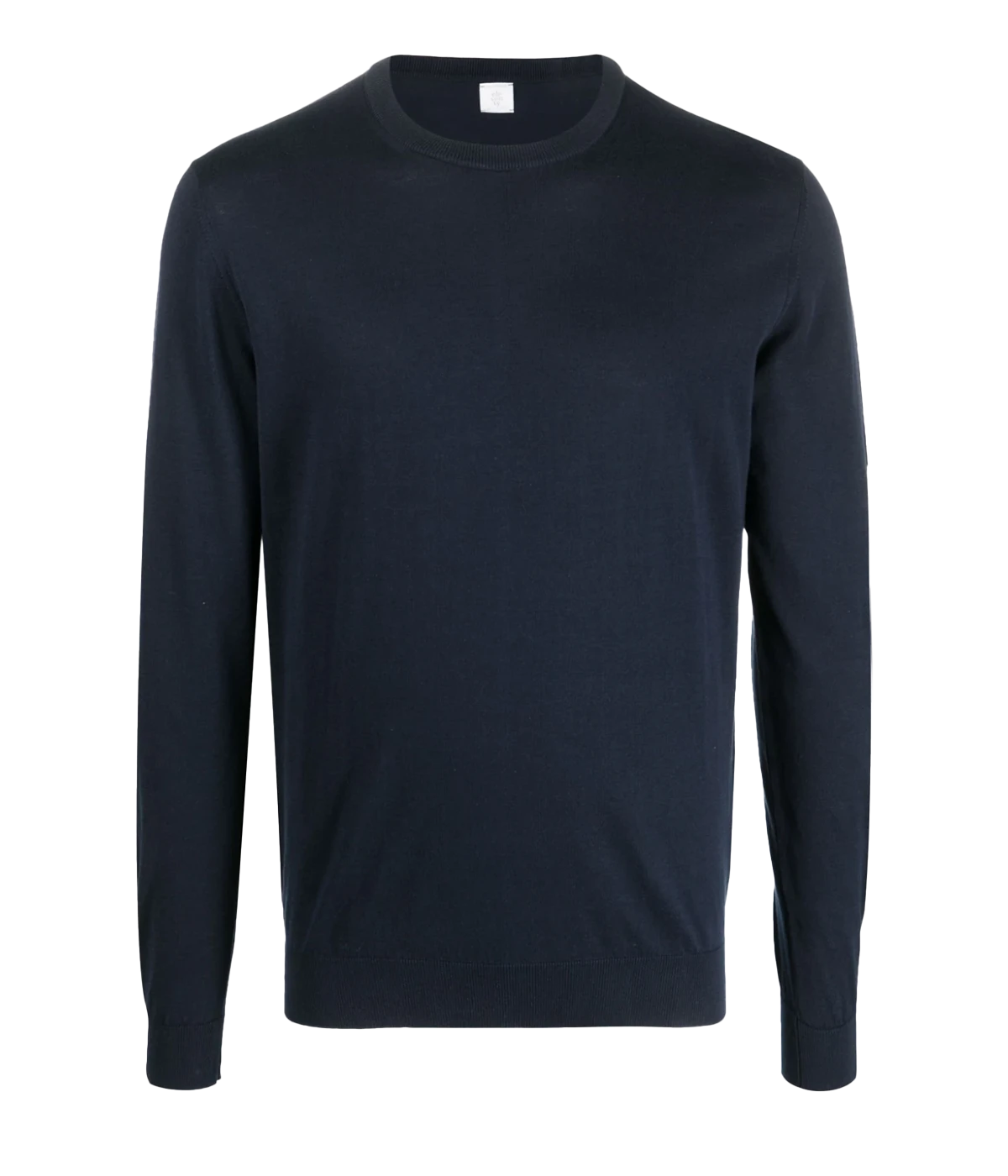 Prussian blue long sleeve crew neck sweater in fine cotton knit, with ribbed neckline, cuffs, and hem