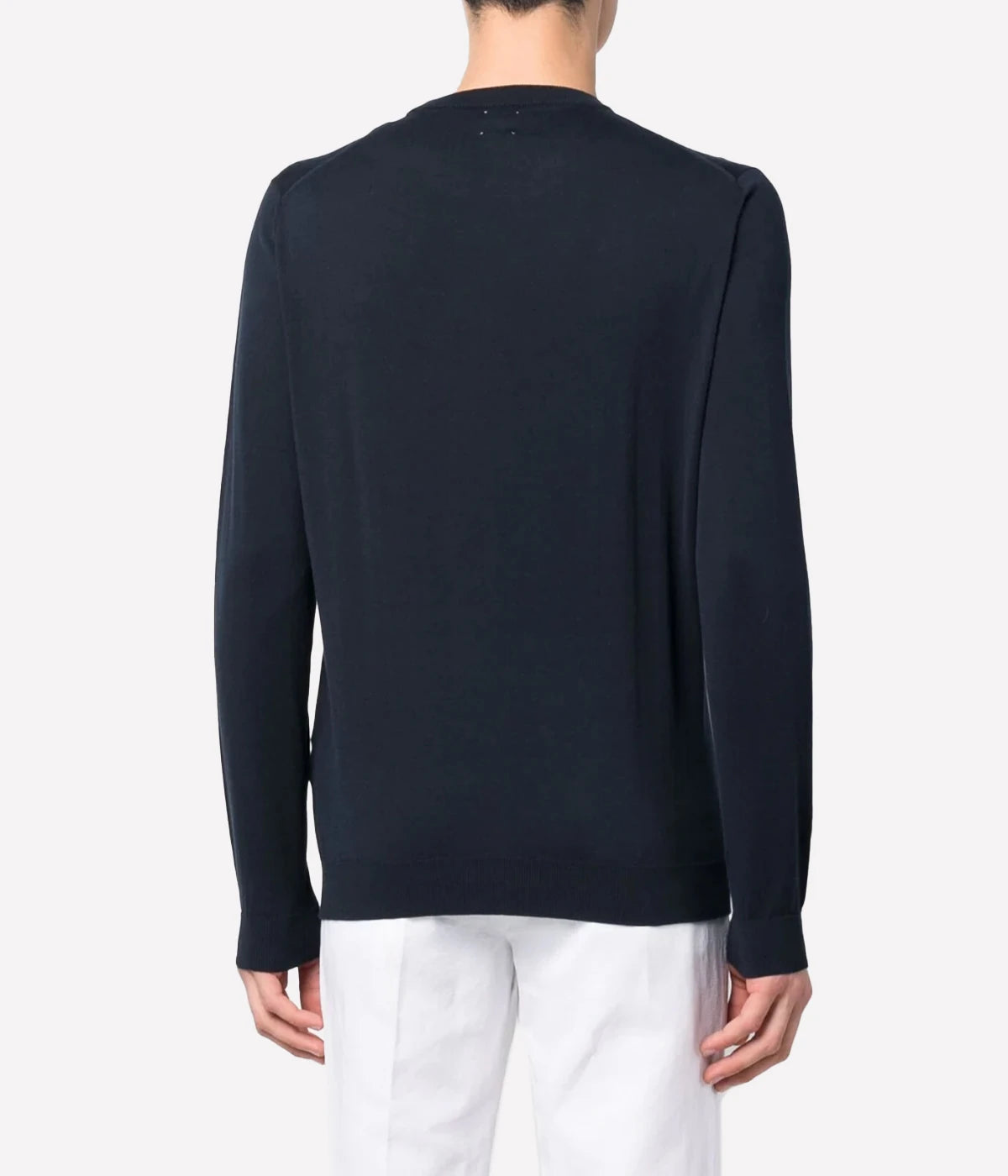 Prussian blue long sleeve crew neck sweater in fine cotton knit, with ribbed neckline, cuffs, and hem