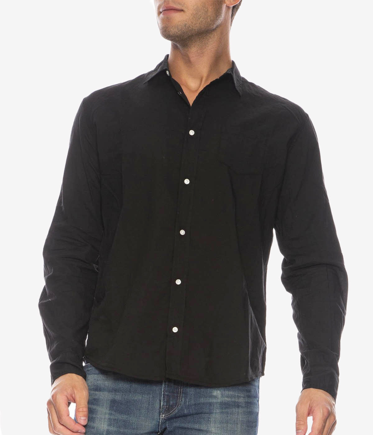 A front view of the Luke Woven Button Down Shirt, showcasing its crisp fabric, button-down collar, and tailored fit.