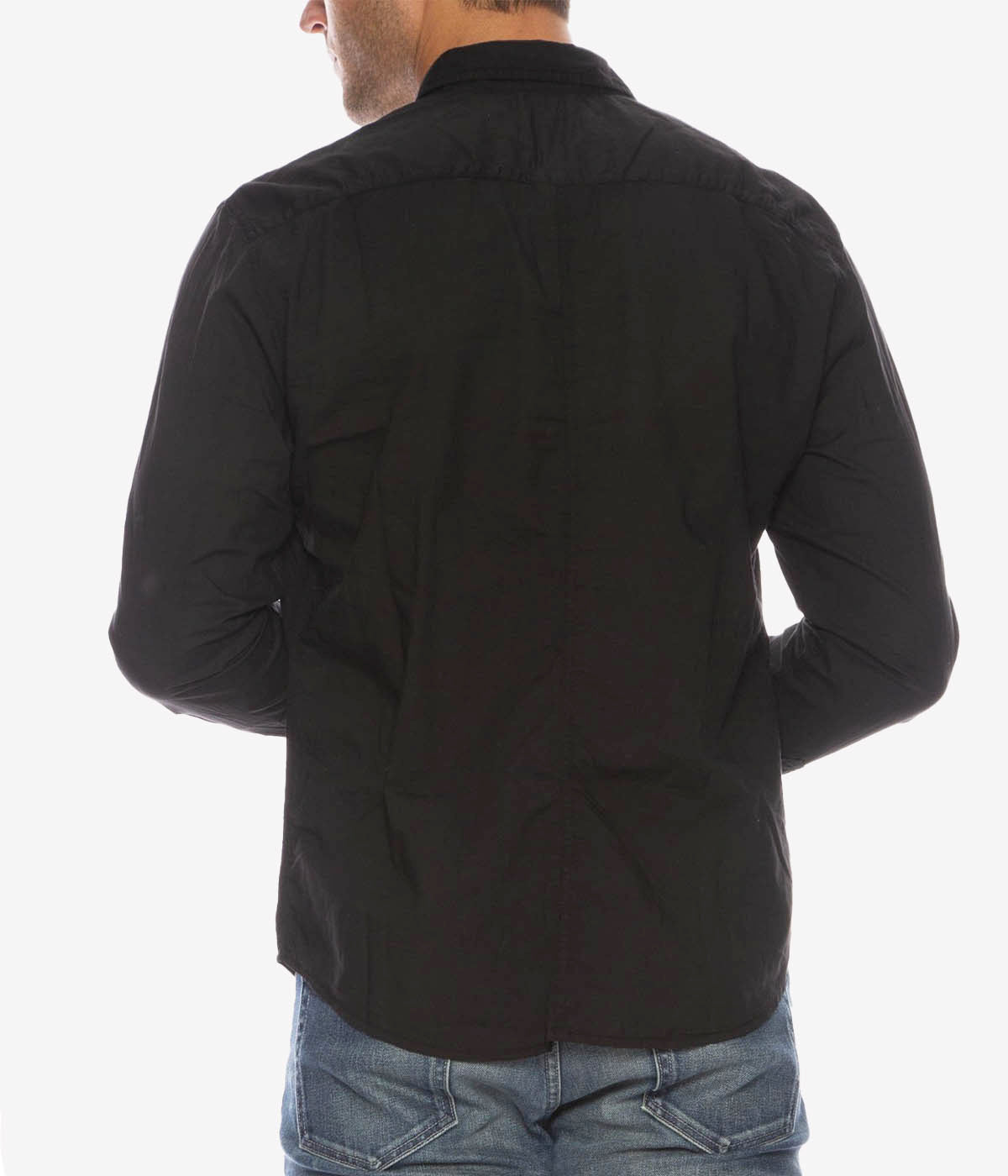 A back view of the Luke Woven Button Down Shirt, featuring its seamless construction and neat yoke detail.