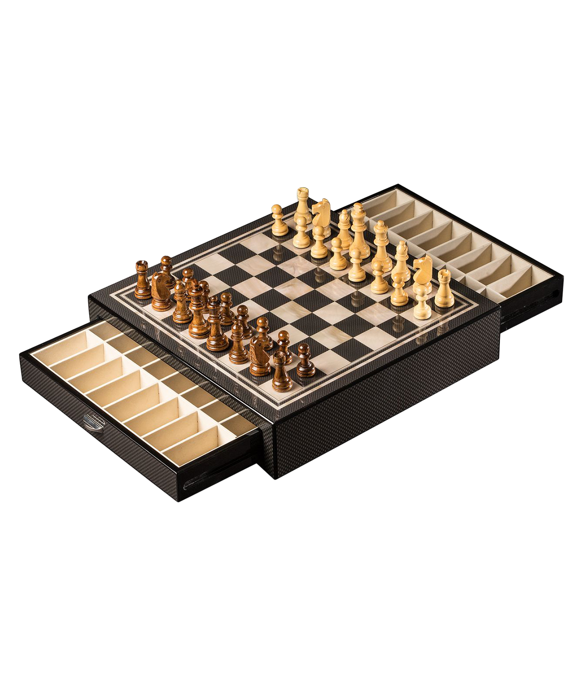 Large Chess Set in Carbon Fiber and Mother of Pearl