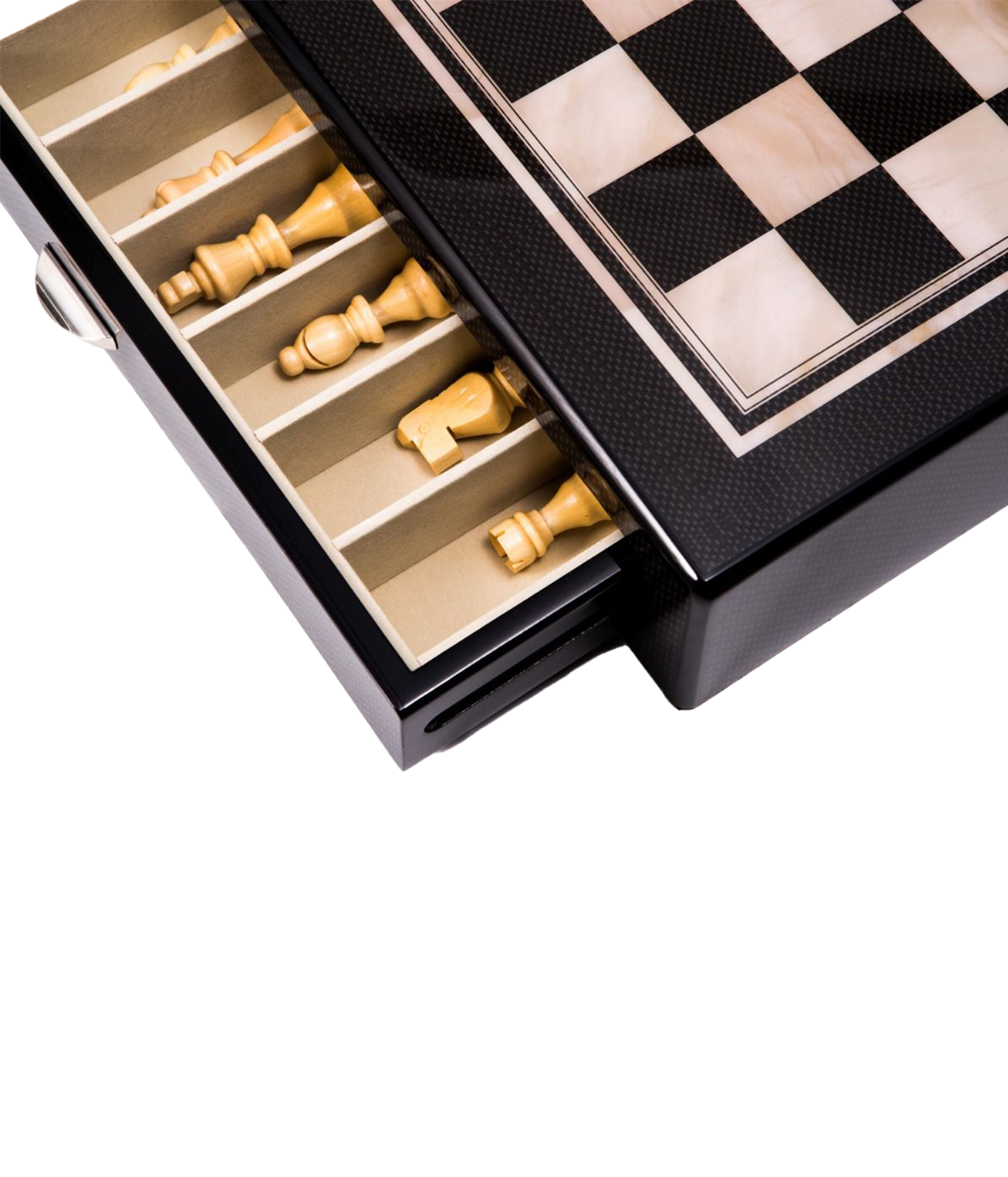 Large Chess Set in Carbon Fiber and Mother of Pearl