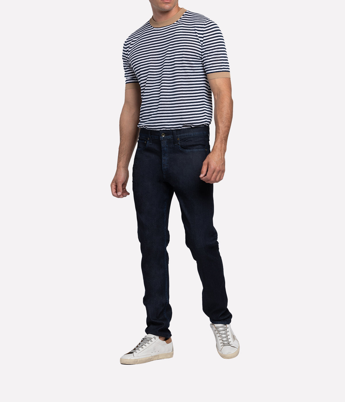 Crewneck Knit Shirt in White, Blue & Camel Stripe