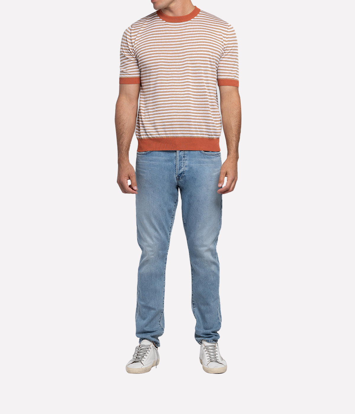 Crewneck Knit Shirt in White & Camel Stripe