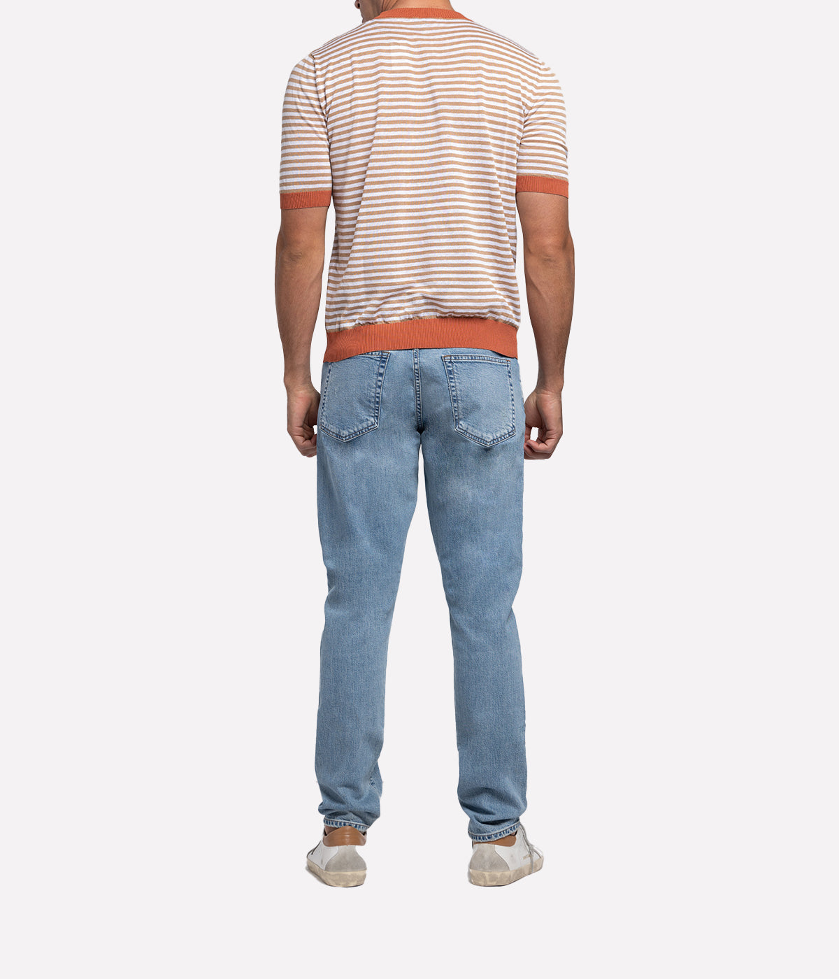 Crewneck Knit Shirt in White & Camel Stripe