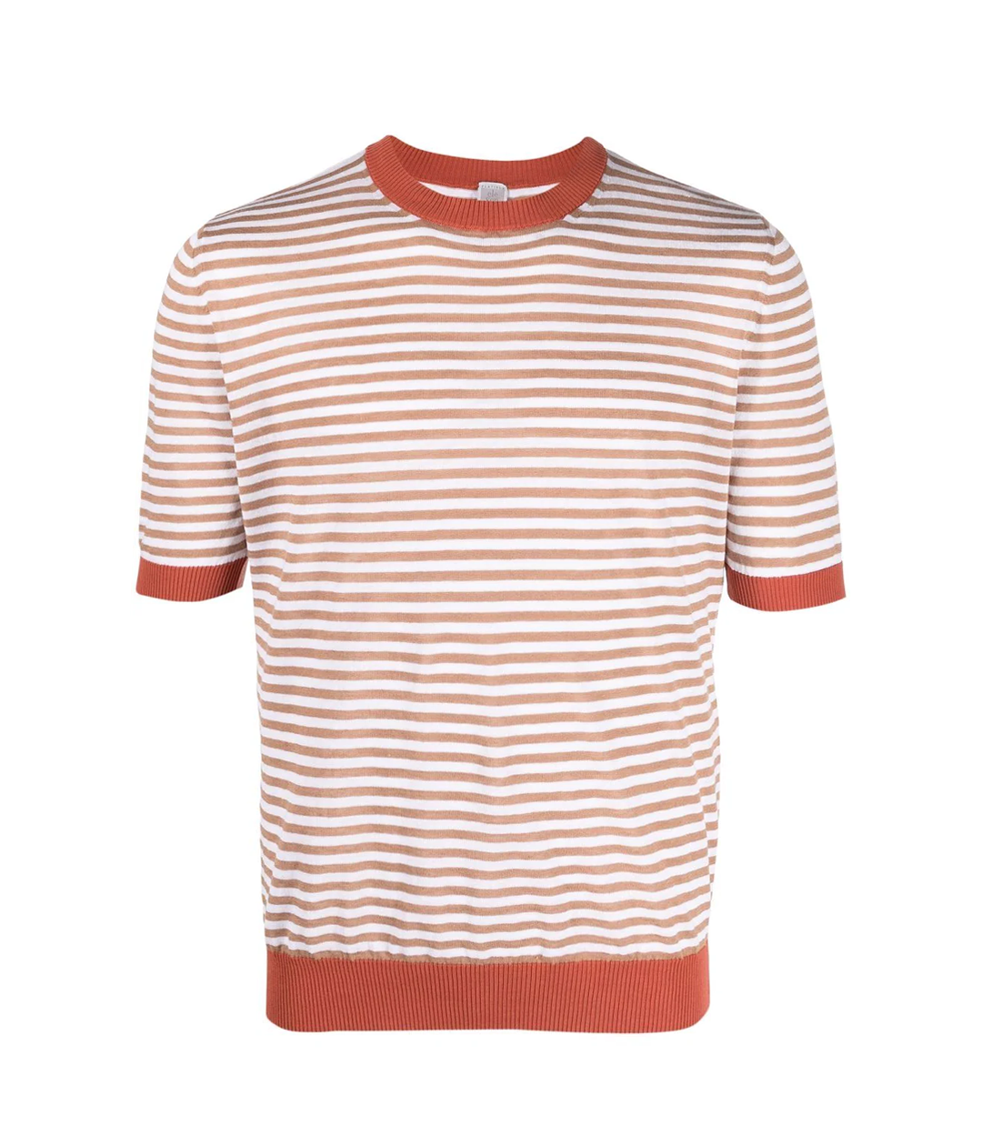 Crewneck Knit Shirt in White & Camel Stripe