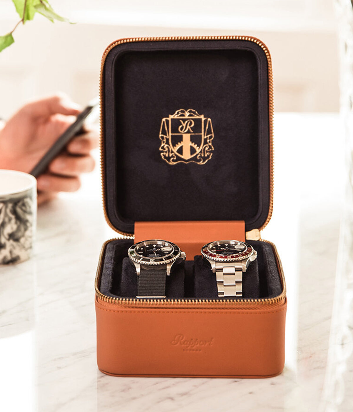 Hyde Park Two Watch Zip Case in Tan & Blue