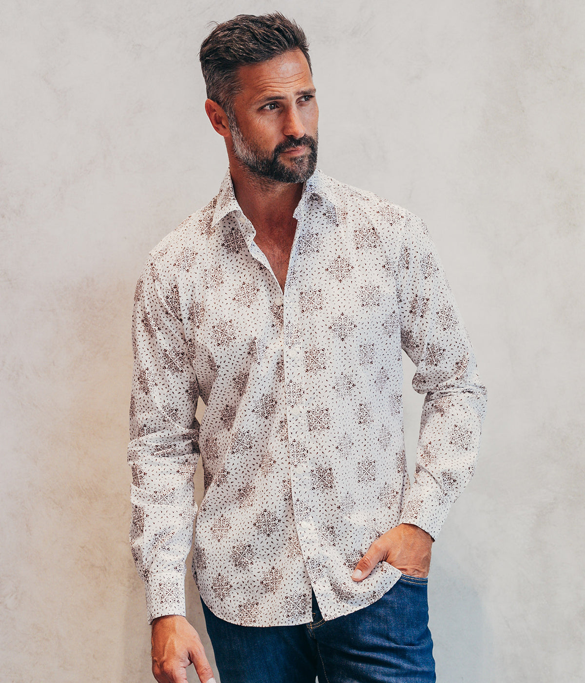 Slim Fit Shirt in White & Brown Pattern