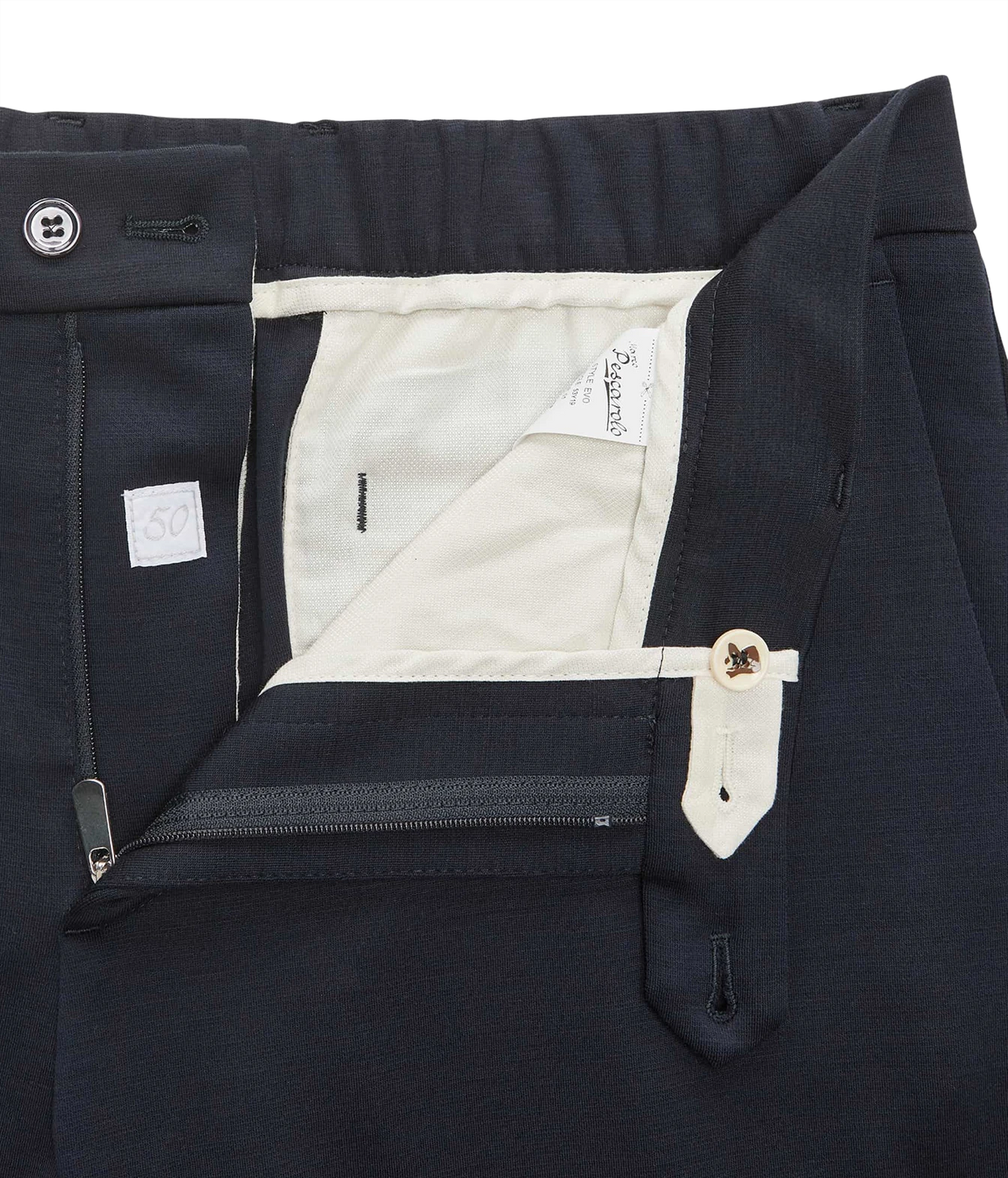 Close-up of Marco Pescarolo Evo Wool Trouser in Navy showing the zip fly and button closure