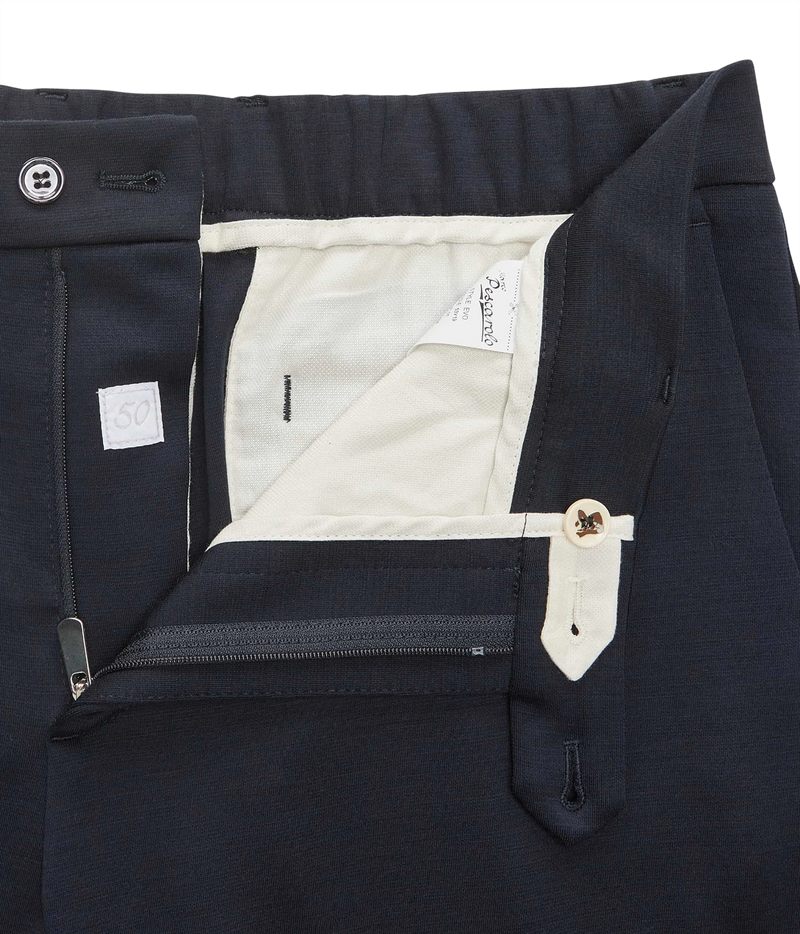 Close-up of Marco Pescarolo Evo Wool Trouser in Navy showing the zip fly and button closure