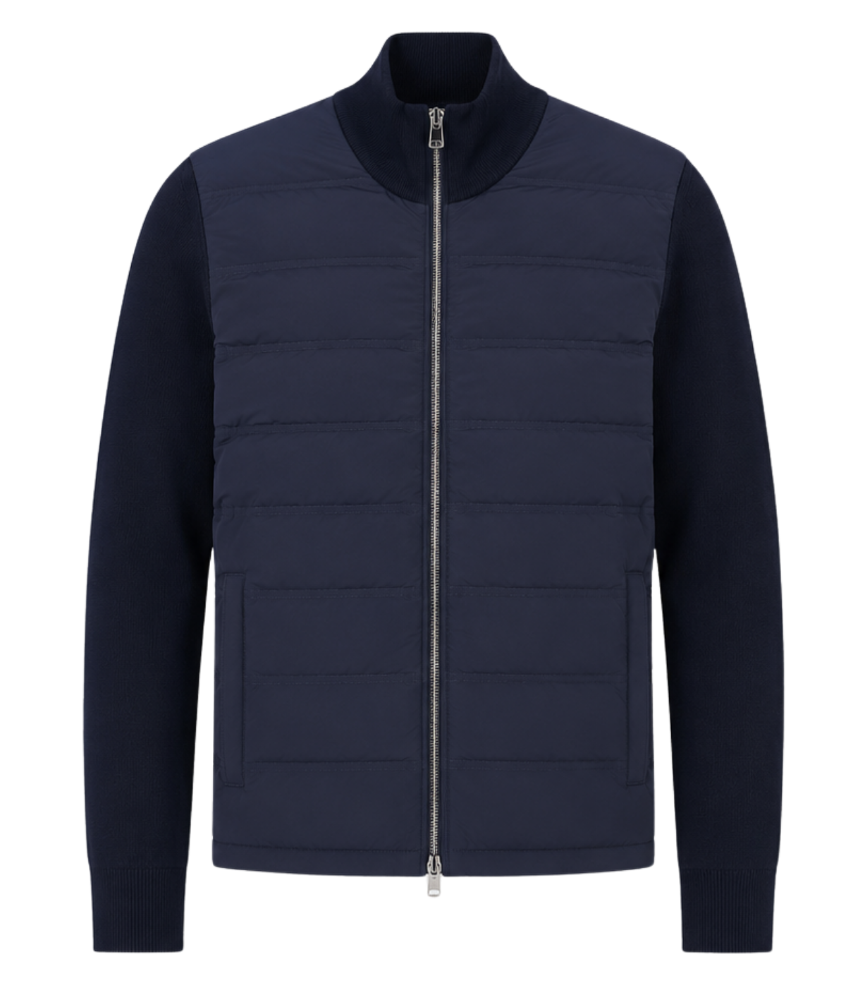 Orlebar Brown Terrence III Jacket in Night Iris front flat lay with quilted front panel.