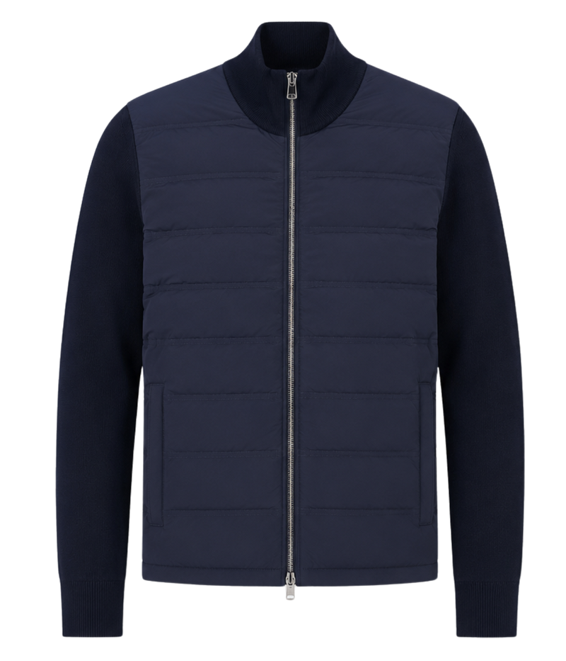 Orlebar Brown Terrence III Jacket in Night Iris front flat lay with quilted front panel.