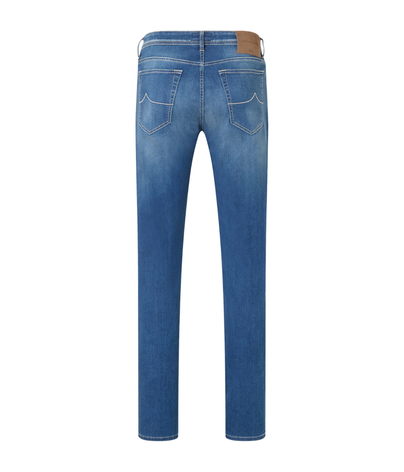 Jacob Cohën 5 PKT Slim Fit Bard Pant in Light Blue – full back product view showcasing five-pocket construction, regular-slim fit, and signature calf leather logo patch at the waistband.
