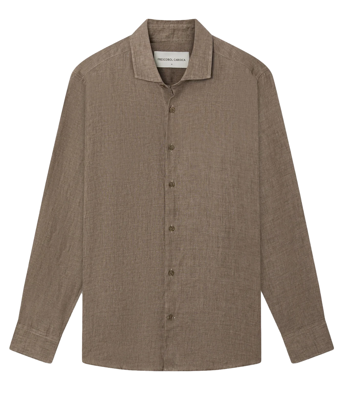 Frescobol Carioca Antonio Linen Long Sleeve Shirt in Dark Mink in a textured taupe-brown linen-like fabric, featuring a classic collar and a clean front button placket. The brand name 'frescobol carioca' is visible on the inner neck label.