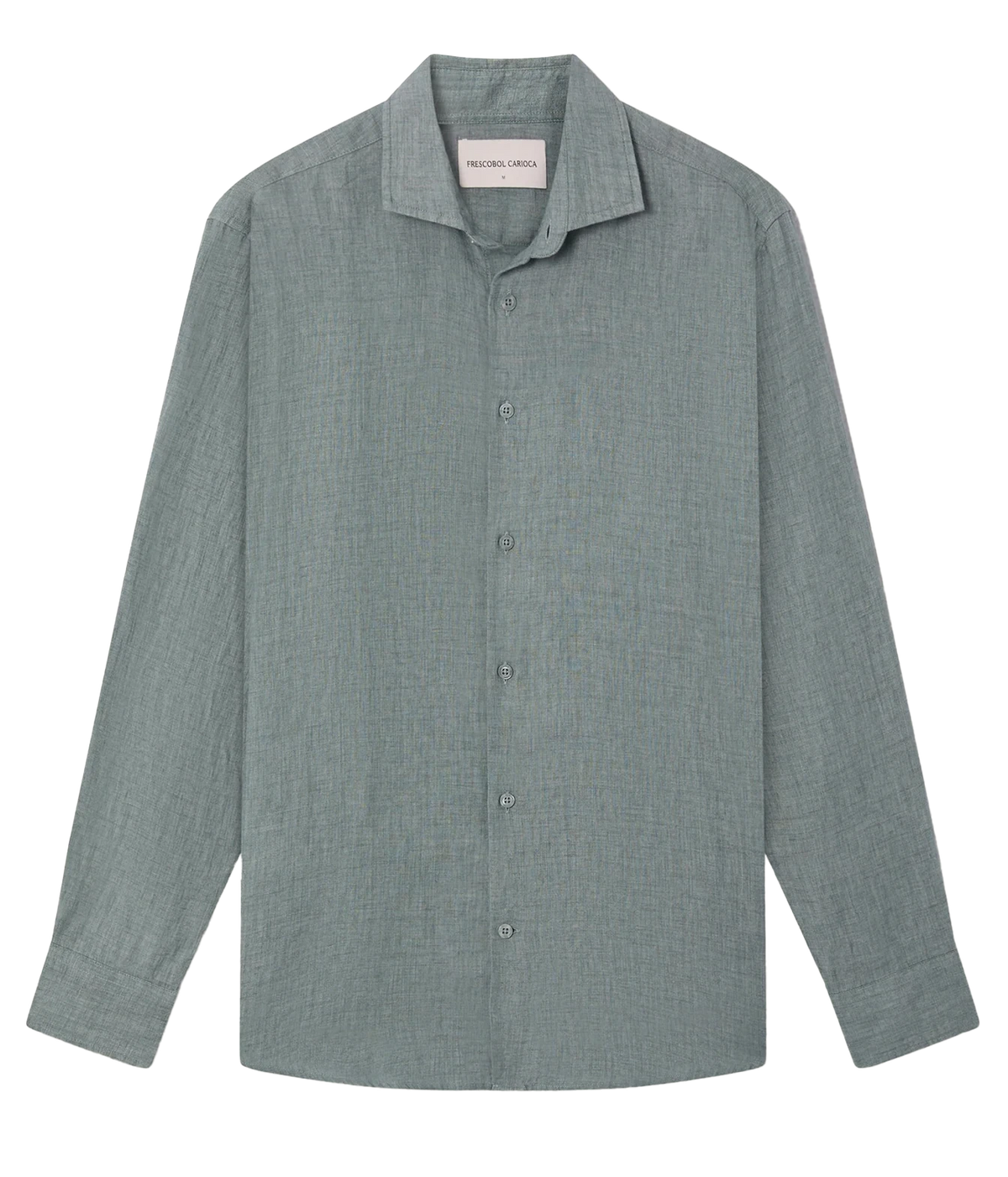 A Frescobol Carioca Antonio Linen Long Sleeve Shirt in Ash Green, featuring a spread collar and a clean front button placket, shown flat against a white background.