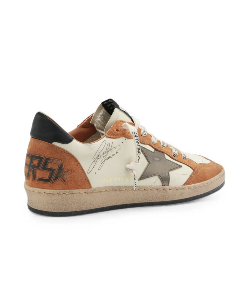 Golden Goose Ball Star Sneaker In White, Beige, Warm Brown, Olive & Black - Angled Back Shot