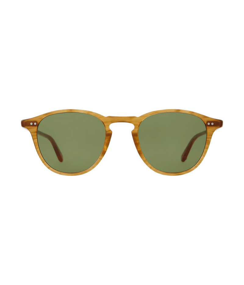 Garrett Leight Hampton Sun 46 in Butterscotch & Semi-flat Pure Green front view.