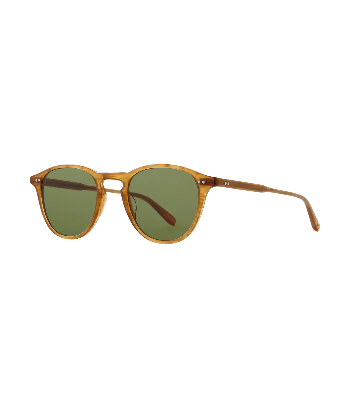 Garrett Leight Hampton Sun 46 in Butterscotch & Semi-flat Pure Green angled side view.