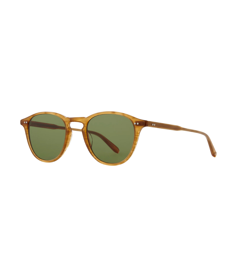 Garrett Leight Hampton Sun 46 in Butterscotch & Semi-flat Pure Green angled side view.