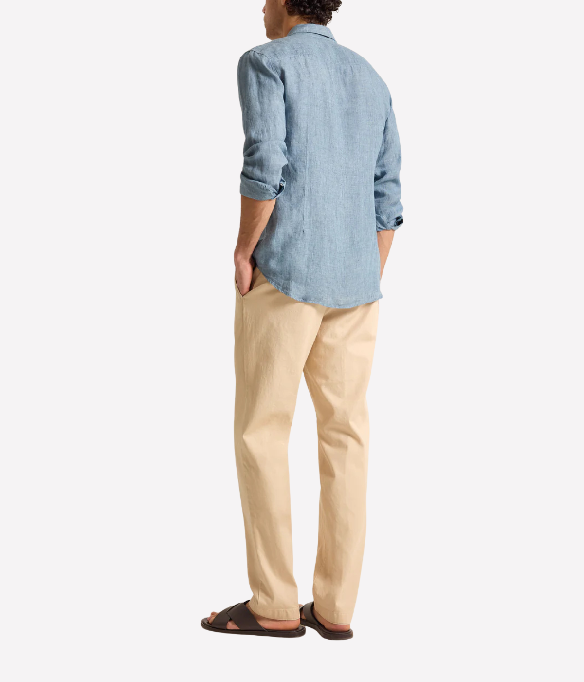 Orlebar Brown Giles Lino Tailored Fit Italian Linen Shirt in Aero Blue back view on model.