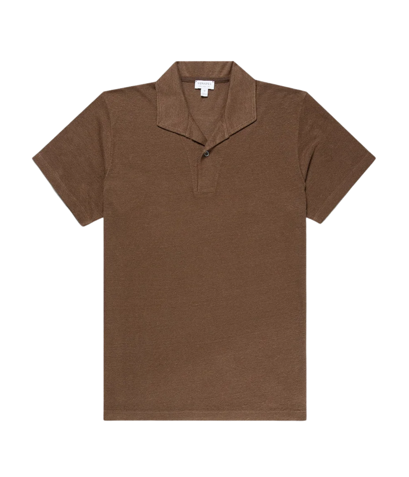 SUNSPEL Linen Pique Polo Shirt In Dark Walnut