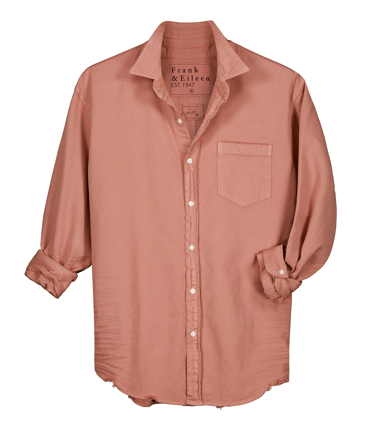 A dusty rose long-sleeve button-down shirt by Frank & Kenzen, featuring a chest pocket and rolled cuffs, displayed on a clean white background.