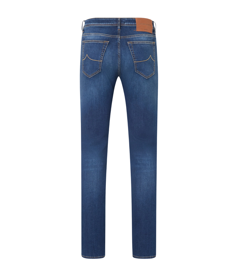 Jacob Cohën 5 PKT Slim Fit Bard Pant in Medium Blue – full back product view highlighting five-pocket design and signature leather branding.