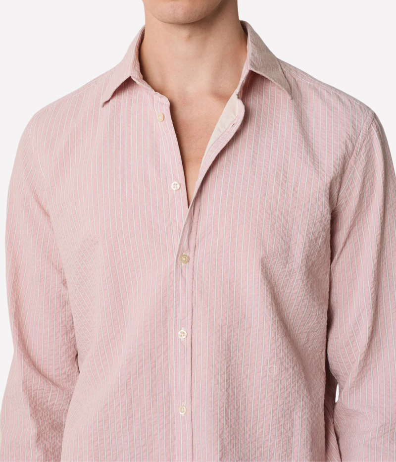 Massimo Alba Genova Shirt in Champagne – Close Up Front View on Collar Striped Cotton Shirt