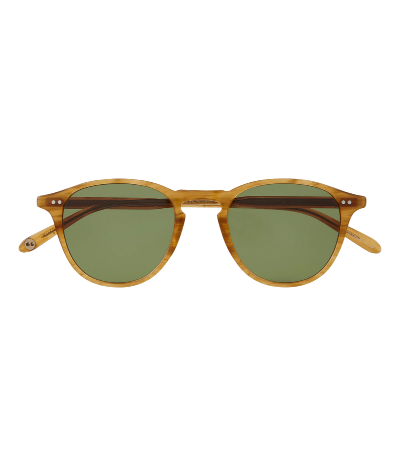 Garrett Leight Hampton Sun 46 in Butterscotch & Semi-flat Pure Green front view.